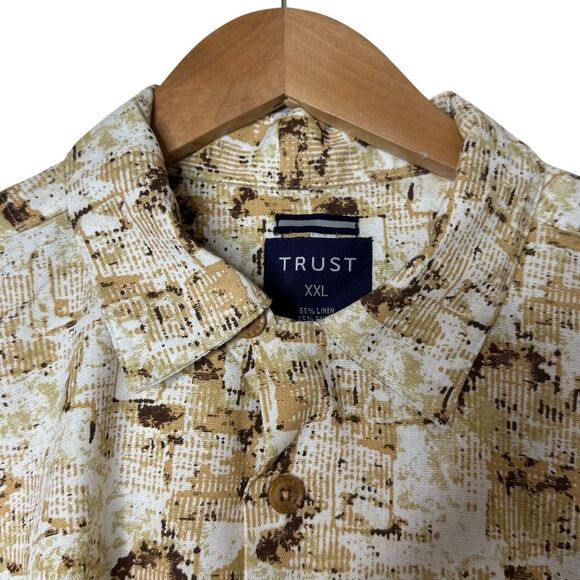TRUST Mens Size XXL Linen Rayon Button Up Shirt Short Sleeve Tan Beige Brown - Picture 6 of 10